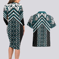 Maori Tukutuku Taniko Motifs Couples Matching Long Sleeve Bodycon Dress and Hawaiian Shirt Teal Poutama Mix Kowhaiwhai