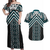 Maori Tukutuku Taniko Motifs Couples Matching Off Shoulder Maxi Dress and Hawaiian Shirt Teal Poutama Mix Kowhaiwhai