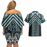 Maori Tukutuku Taniko Motifs Couples Matching Off Shoulder Short Dress and Hawaiian Shirt Teal Poutama Mix Kowhaiwhai