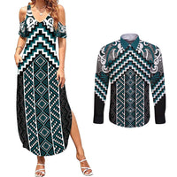 Maori Tukutuku Taniko Motifs Couples Matching Summer Maxi Dress and Long Sleeve Button Shirt Teal Poutama Mix Kowhaiwhai LT7 Teal - Polynesian Pride