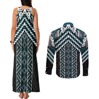 Maori Tukutuku Taniko Motifs Couples Matching Tank Maxi Dress and Long Sleeve Button Shirt Teal Poutama Mix Kowhaiwhai LT7 - Polynesian Pride