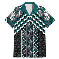 Maori Tukutuku Taniko Motifs Family Matching Mermaid Dress and Hawaiian Shirt Teal Poutama Mix Kowhaiwhai