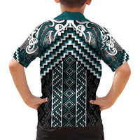 Maori Tukutuku Taniko Motifs Family Matching Summer Maxi Dress and Hawaiian Shirt Teal Poutama Mix Kowhaiwhai
