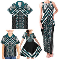 Maori Tukutuku Taniko Motifs Family Matching Tank Maxi Dress and Hawaiian Shirt Teal Poutama Mix Kowhaiwhai