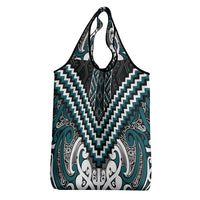 Maori Tukutuku Taniko Motifs Grocery Bag Teal Poutama Mix Kowhaiwhai