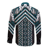 Maori Tukutuku Taniko Motifs Long Sleeve Button Shirt Teal Poutama Mix Kowhaiwhai