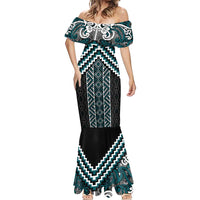 Maori Tukutuku Taniko Motifs Mermaid Dress Teal Poutama Mix Kowhaiwhai