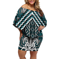 Maori Tukutuku Taniko Motifs Off Shoulder Short Dress Teal Poutama Mix Kowhaiwhai