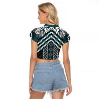 Maori Tukutuku Taniko Motifs Raglan Cropped T Shirt Teal Poutama Mix Kowhaiwhai LT7 - Polynesian Pride