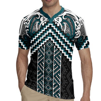 Maori Tukutuku Taniko Motifs Rugby Jersey Teal Poutama Mix Kowhaiwhai