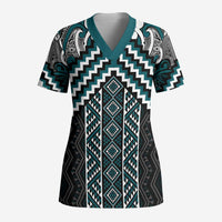 Maori Tukutuku Taniko Motifs Scrub Top Teal Poutama Mix Kowhaiwhai - Polynesian Pride