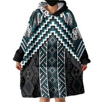 Maori Tukutuku Taniko Motifs Wearable Blanket Hoodie Teal Poutama Mix Kowhaiwhai