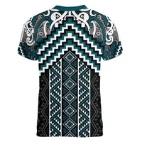 Maori Tukutuku Taniko Motifs Women V-Neck T-Shirt Teal Poutama Mix Kowhaiwhai LT7 - Polynesian Pride
