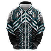 Maori Tukutuku Taniko Motifs Zip Hoodie Teal Poutama Mix Kowhaiwhai LT7 - Polynesian Pride