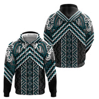 Maori Tukutuku Taniko Motifs Zip Hoodie Teal Poutama Mix Kowhaiwhai LT7 - Polynesian Pride