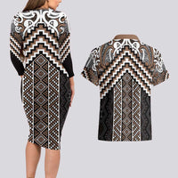 Maori Tukutuku Taniko Motifs Couples Matching Long Sleeve Bodycon Dress and Hawaiian Shirt Brown Poutama Mix Kowhaiwhai