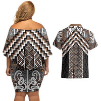 Maori Tukutuku Taniko Motifs Couples Matching Off Shoulder Short Dress and Hawaiian Shirt Brown Poutama Mix Kowhaiwhai