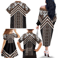 Maori Tukutuku Taniko Motifs Family Matching Off The Shoulder Long Sleeve Dress and Hawaiian Shirt Brown Poutama Mix Kowhaiwhai