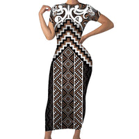 Maori Tukutuku Taniko Motifs Family Matching Short Sleeve Bodycon Dress and Hawaiian Shirt Brown Poutama Mix Kowhaiwhai