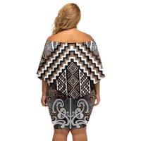 Maori Tukutuku Taniko Motifs Off Shoulder Short Dress Brown Poutama Mix Kowhaiwhai