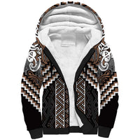Maori Tukutuku Taniko Motifs Sherpa Hoodie Brown Poutama Mix Kowhaiwhai