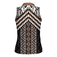 Maori Tukutuku Taniko Motifs Women Sleeveless Polo Shirt Brown Poutama Mix Kowhaiwhai