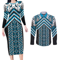 Maori Tukutuku Taniko Motifs Couples Matching Long Sleeve Bodycon Dress and Long Sleeve Button Shirt Turquoise Poutama Mix Kowhaiwhai LT7 Turquoise - Polynesian Pride