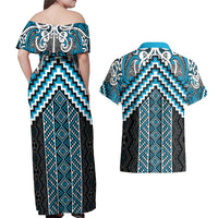 Maori Tukutuku Taniko Motifs Couples Matching Off Shoulder Maxi Dress and Hawaiian Shirt Turquoise Poutama Mix Kowhaiwhai