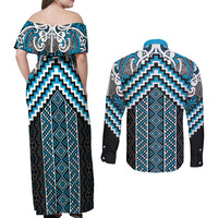 Maori Tukutuku Taniko Motifs Couples Matching Off Shoulder Maxi Dress and Long Sleeve Button Shirt Turquoise Poutama Mix Kowhaiwhai LT7 - Polynesian Pride