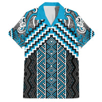 Maori Tukutuku Taniko Motifs Family Matching Off Shoulder Short Dress and Hawaiian Shirt Turquoise Poutama Mix Kowhaiwhai