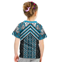 Maori Tukutuku Taniko Motifs Kid T Shirt Turquoise Poutama Mix Kowhaiwhai