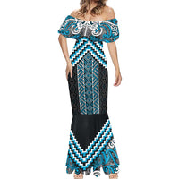 Maori Tukutuku Taniko Motifs Mermaid Dress Turquoise Poutama Mix Kowhaiwhai
