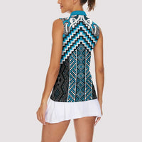Maori Tukutuku Taniko Motifs Women Sleeveless Polo Shirt Turquoise Poutama Mix Kowhaiwhai