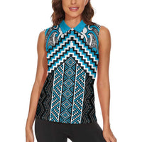 Maori Tukutuku Taniko Motifs Women Sleeveless Polo Shirt Turquoise Poutama Mix Kowhaiwhai