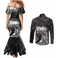 Polynesian Women's Day Couples Matching Mermaid Dress and Long Sleeve Button Shirt Plumeria Passion - Black LT7 - Polynesian Pride