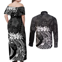 Polynesian Women's Day Couples Matching Off Shoulder Maxi Dress and Long Sleeve Button Shirt Plumeria Passion - Black LT7 - Polynesian Pride