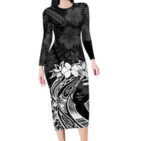 Polynesian Women's Day Family Matching Long Sleeve Bodycon Dress and Hawaiian Shirt Plumeria Passion - Black LT7 Mom's Dress Black - Polynesian Pride