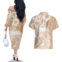 Polynesian Women's Day Couples Matching Off The Shoulder Long Sleeve Dress and Hawaiian Shirt Plumeria Passion - Beige LT7 - Polynesian Pride