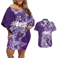 Polynesian Women's Day Couples Matching Off Shoulder Short Dress and Hawaiian Shirt Plumeria Passion - Purple LT7 Purple - Polynesian Pride