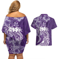 Polynesian Women's Day Couples Matching Off Shoulder Short Dress and Hawaiian Shirt Plumeria Passion - Purple LT7 - Polynesian Pride
