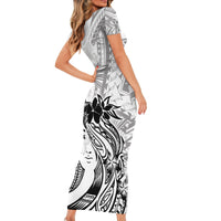 Polynesian Women's Day Short Sleeve Bodycon Dress Plumeria Passion - White LT7 - Polynesian Pride