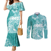 Polynesian Women's Day Couples Matching Mermaid Dress and Long Sleeve Button Shirt Plumeria Passion - Teal LT7 Teal - Polynesian Pride