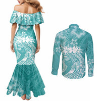 Polynesian Women's Day Couples Matching Mermaid Dress and Long Sleeve Button Shirt Plumeria Passion - Teal LT7 - Polynesian Pride