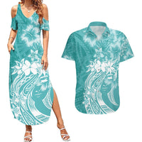 Polynesian Women's Day Couples Matching Summer Maxi Dress and Hawaiian Shirt Plumeria Passion - Teal LT7 Teal - Polynesian Pride