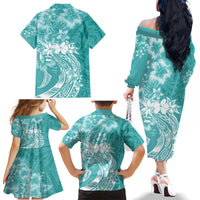 Polynesian Women's Day Family Matching Off Shoulder Long Sleeve Dress and Hawaiian Shirt Plumeria Passion - Teal LT7 - Polynesian Pride