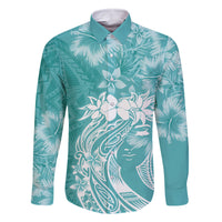Polynesian Women's Day Family Matching Off Shoulder Short Dress and Hawaiian Shirt Plumeria Passion - Teal LT7 Dad's Shirt - Long Sleeve Teal - Polynesian Pride