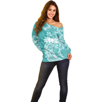 Polynesian Women's Day Off Shoulder Sweater Plumeria Passion - Teal LT7 - Polynesian Pride