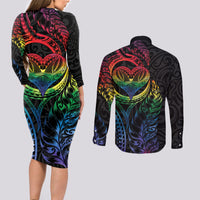 New Zealand Pride Couples Matching Long Sleeve Bodycon Dress and Long Sleeve Button Shirt Takatapui Rainbow Fern LT7 - Polynesian Pride