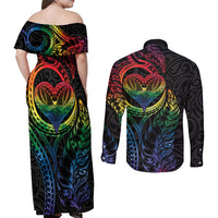 New Zealand Pride Couples Matching Off Shoulder Maxi Dress and Long Sleeve Button Shirt Takatapui Rainbow Fern
