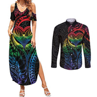 New Zealand Pride Couples Matching Summer Maxi Dress and Long Sleeve Button Shirt Takatapui Rainbow Fern LT7 Colorful - Polynesian Pride